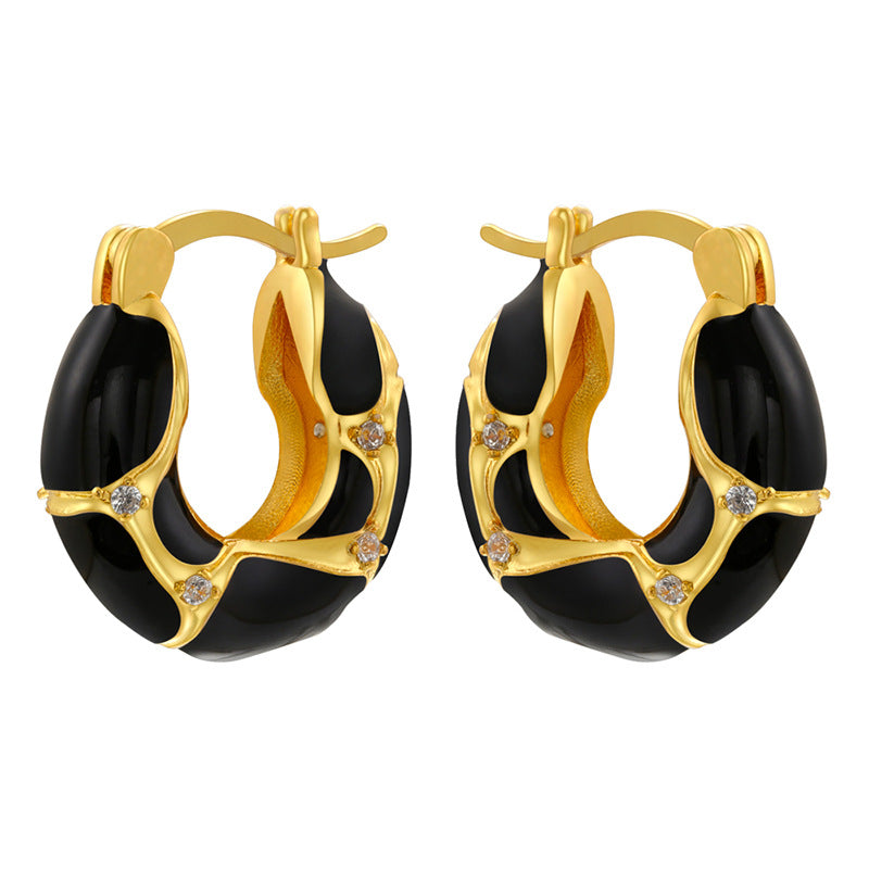 1 Pair Vintage U-Shape Enamel Inlay Zircon 18K Gold Plated Earrings