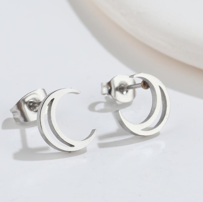 Geometric Moon Titanium Steel Stud Earrings Minimalist Design Korean Style
