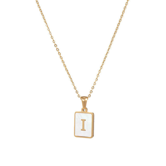 Unisex 18k Gold Plated Stainless Steel Letter Pendant Necklace with White Shell Accents