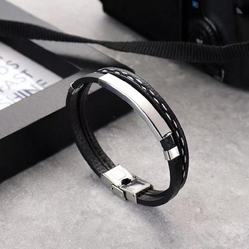 Fashion Geometric Stainless Steel Leather Punk Bracelet
