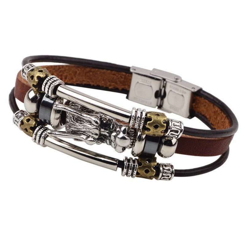 Fashion Ethnic Multi-layer Leather Rope and Stainless Steel Dragon Head Bracelet