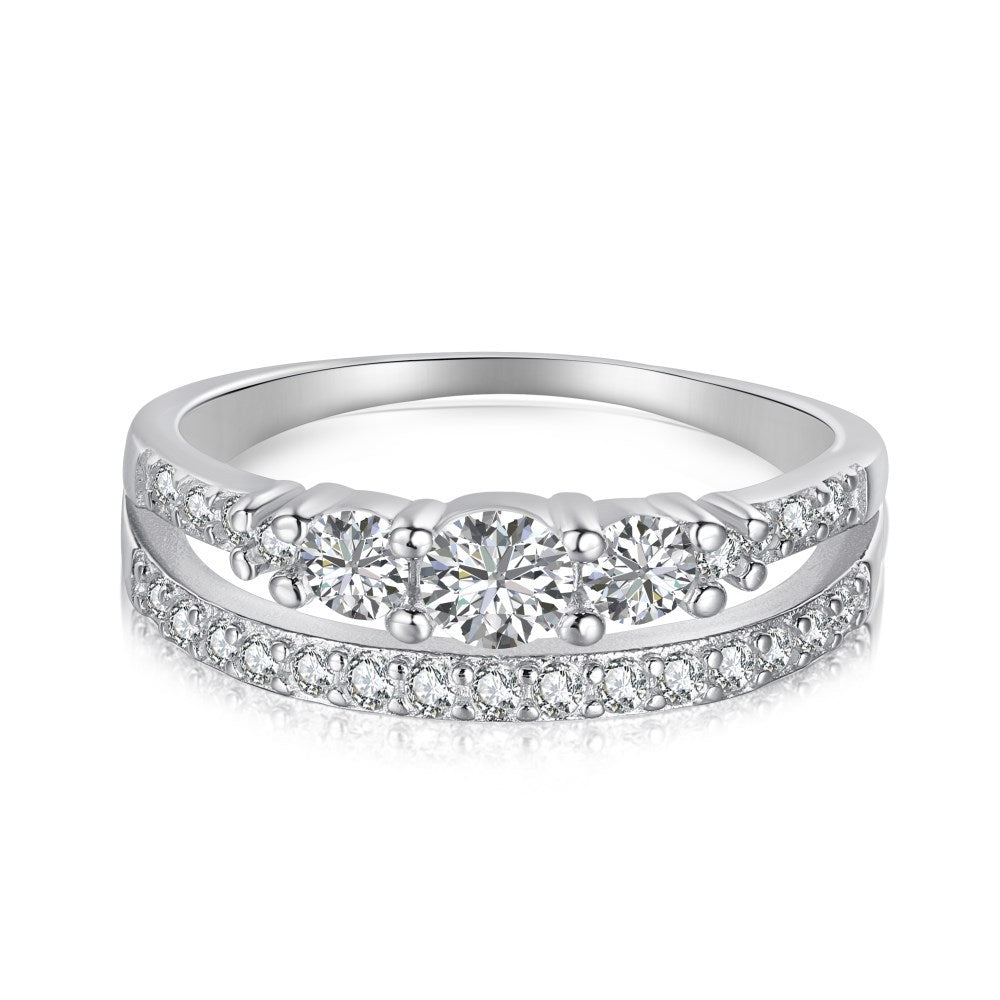 Geometric Sterling Silver Zircon Double Layer Ring for Women