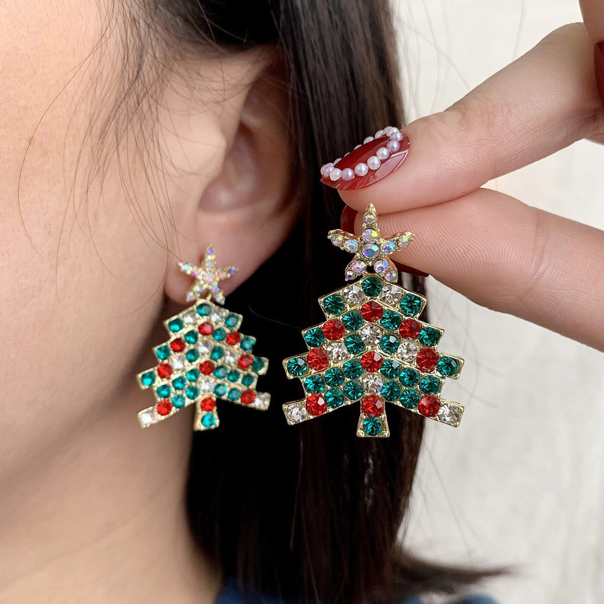 Fashion Christmas Tree Star Rhinestone Pearl Drop Earrings for Women