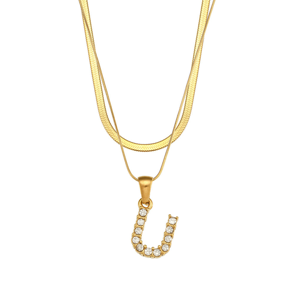 18K Gold Plated Double-Layer Zircon Letter Stainless Steel Necklace