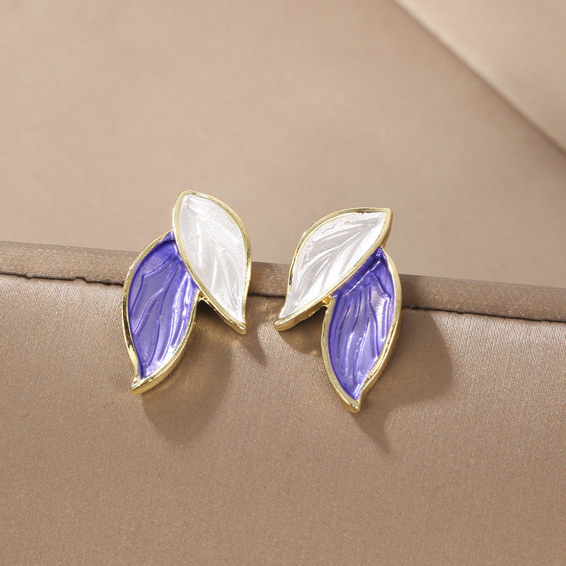 Elegant Korean Leaf Enamel Alloy Stud Earrings with S925 Silver Needle