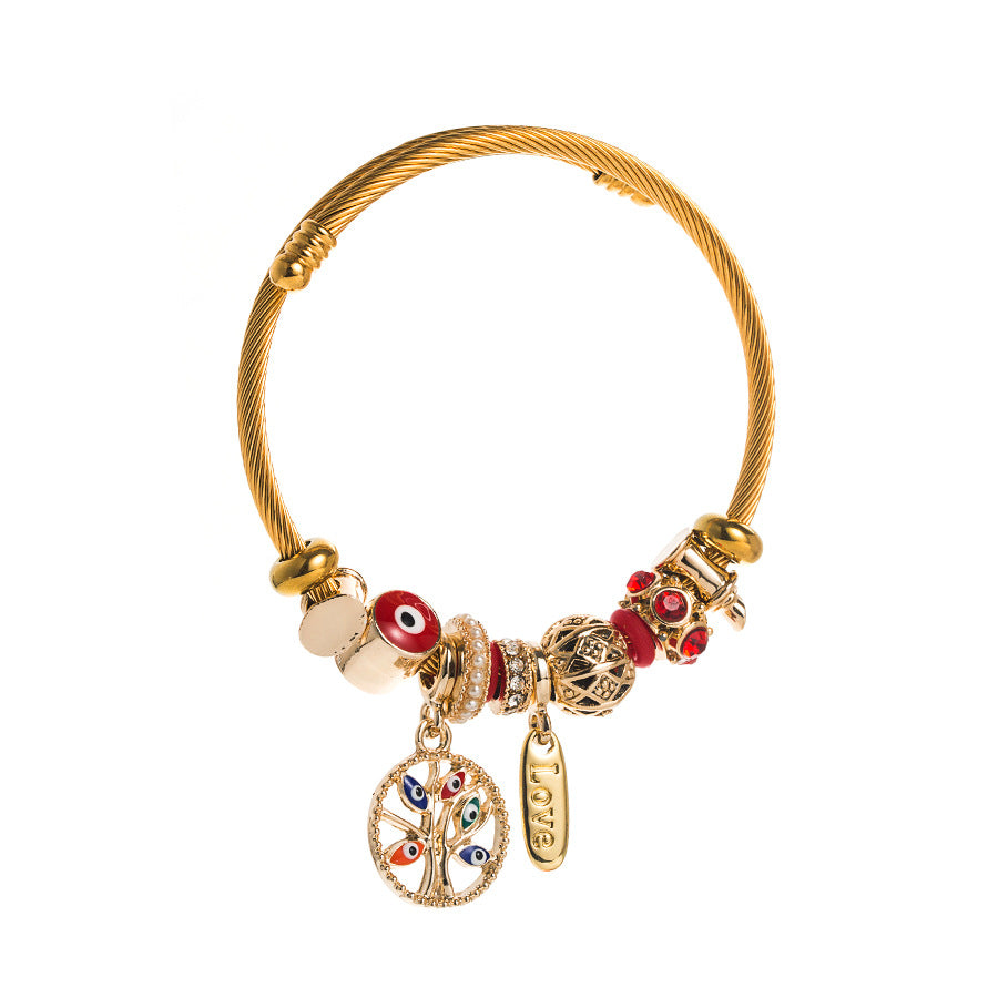 Fashion Gold Devil's Eye Rhinestone Alloy Bracelet with Tree of Life Charm