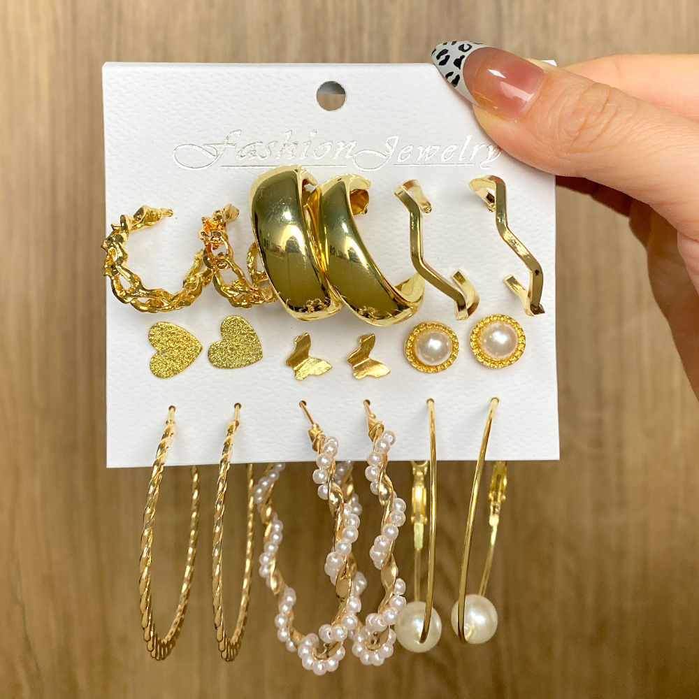 Creative Pearl Butterfly Hoop Earring Set - 9 Pairs