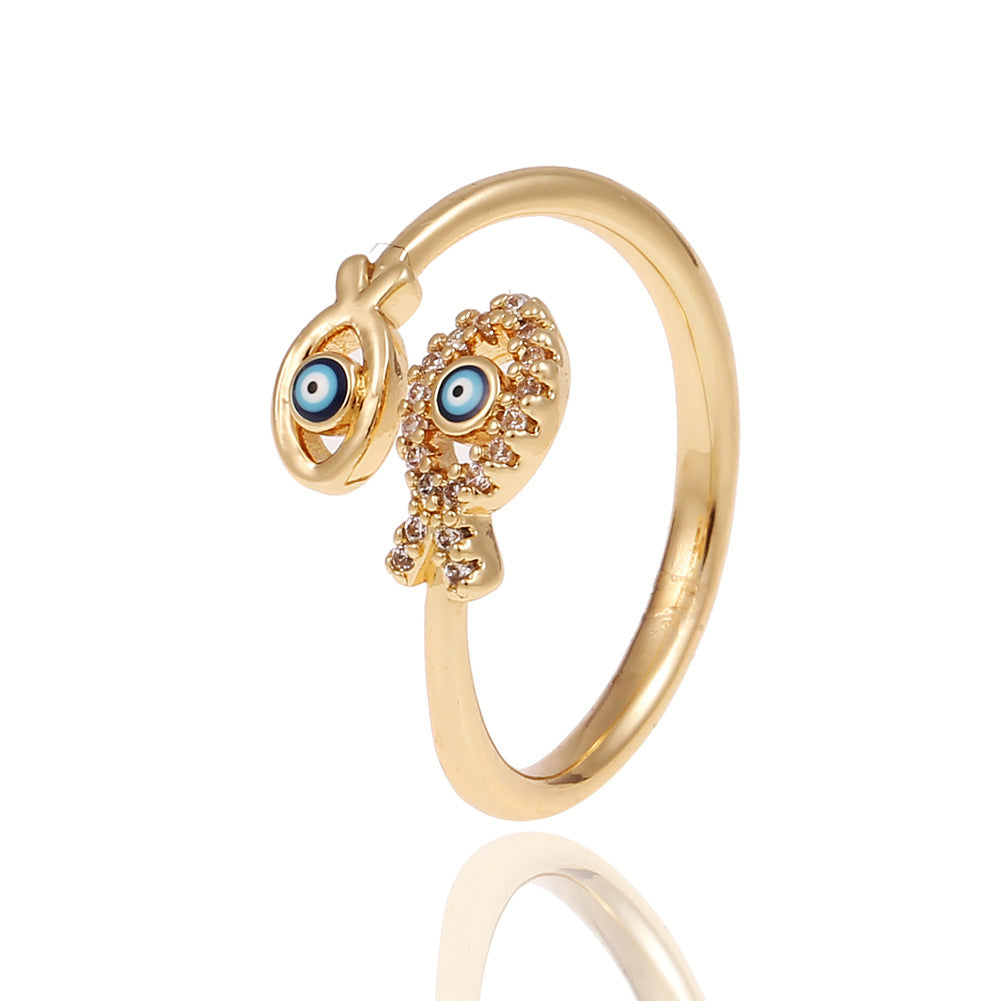 Fashion Geometric Devil's Eye Star Open Ring with Rhinestone Plated Zircon Copper