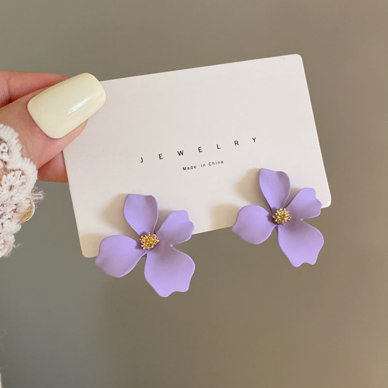 Sweet Camellia Purple Alloy Plated Ear Studs with 925 Silver Needle