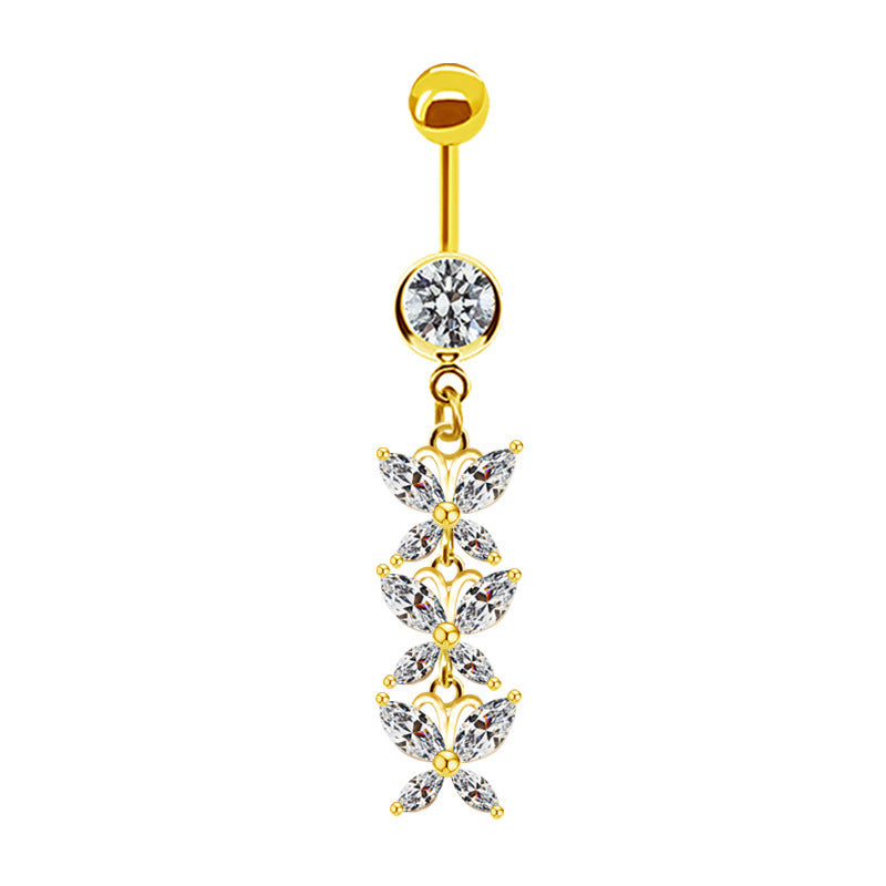 Simple Heart Butterfly Bow Knot Rhinestone Zircon Belly Ring in White and Gold Plated Stainless Steel