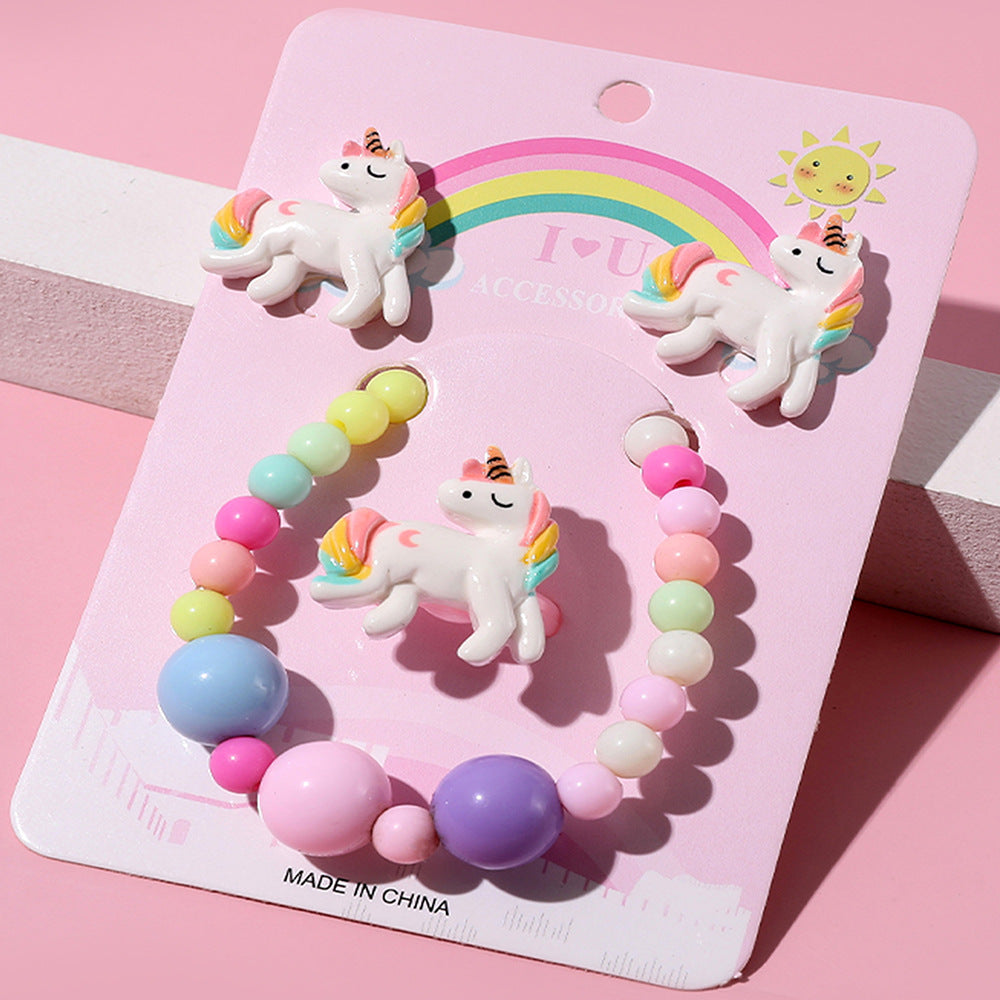 Acrylic Beaded Unicorn Jewelry Set - Earrings, Ring, and Bracelet