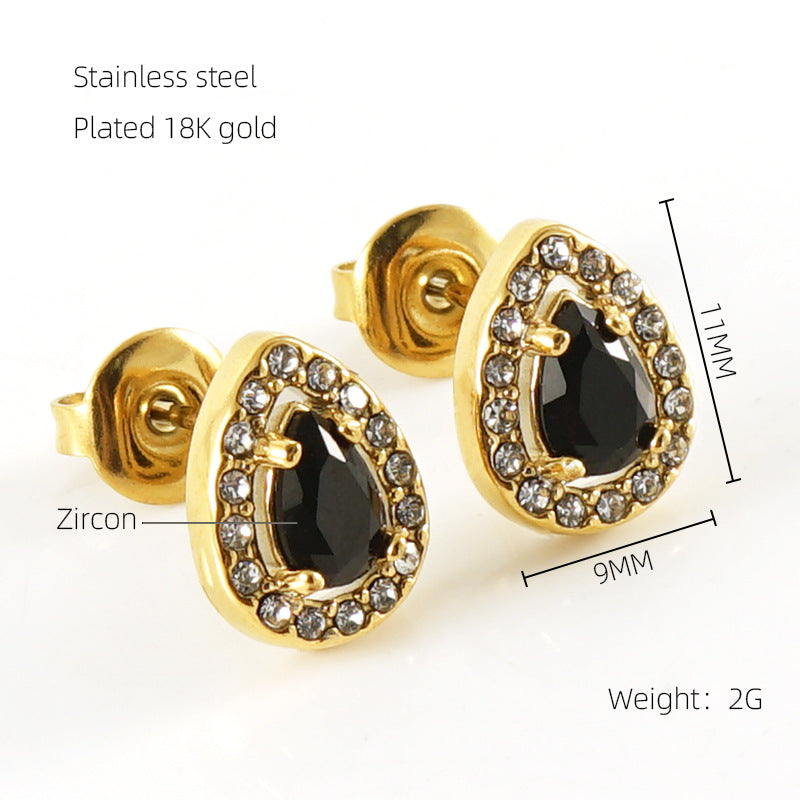 1 Pair Glamorous Water Droplet Heart Inlay Zircon 18K Gold Plated Stainless Steel Earrings