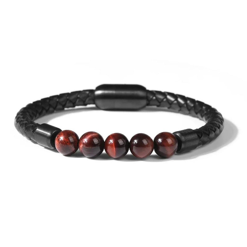 Fashion Circle PU Leather & 8mm Tiger Eye Stone Beaded Men's Bracelet with Magnetic Clasp