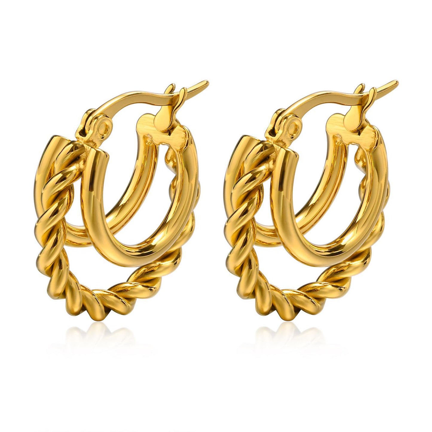 Geometric Twisted Stainless Steel Hoop Earrings - Gold Plated Vintage Design