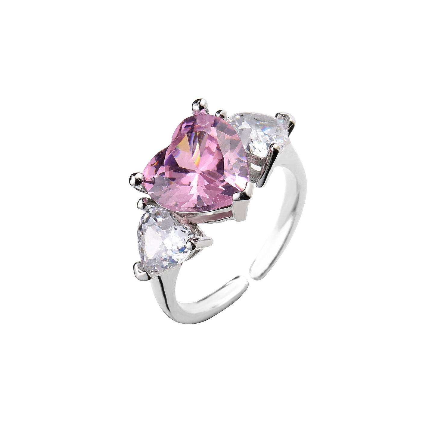 Fashion Pink Heart-shaped Zircon Earrings and Adjustable Ring Set