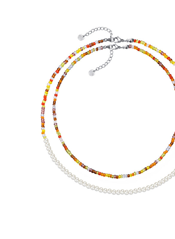 Korean Colorful Flower Earrings and Beaded Pearl Necklace Set for Women