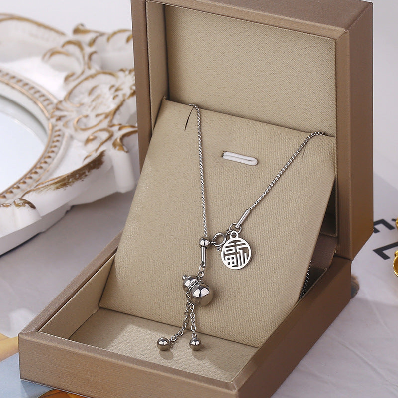 Fashion Heart Shape Titanium Steel Enamel Pearl Rhinestone Necklace with Chinese Gourd Pendant