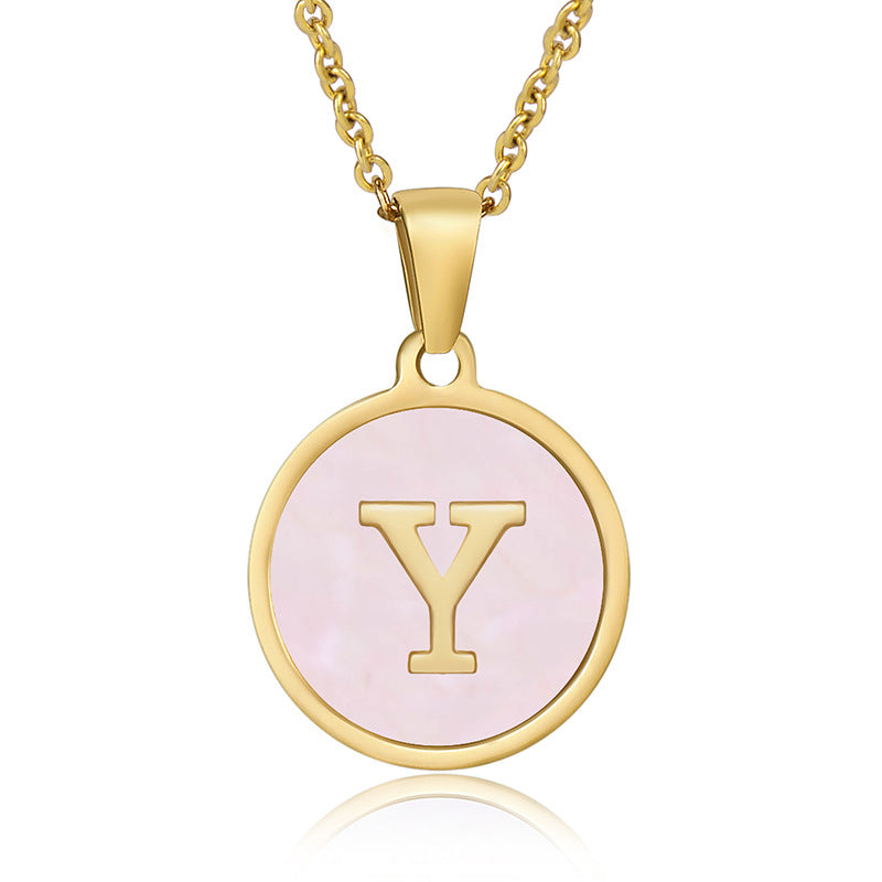 18K Gold Plated Pink Shell Round Letter Pendant Stainless Steel Necklace for Women