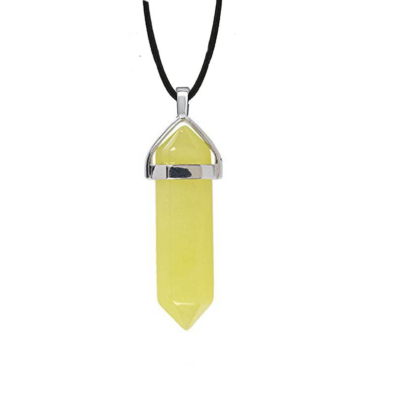 Hexagon Prism Natural Stone Leather Rope Necklace with Quartz Point Pendant