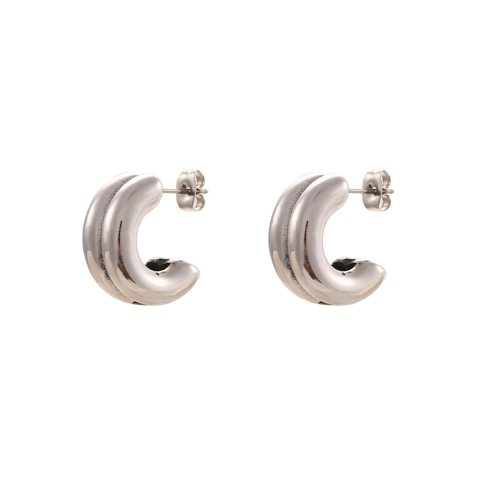 Fashion C Shape Stainless Steel Double Layer Hoop Earrings