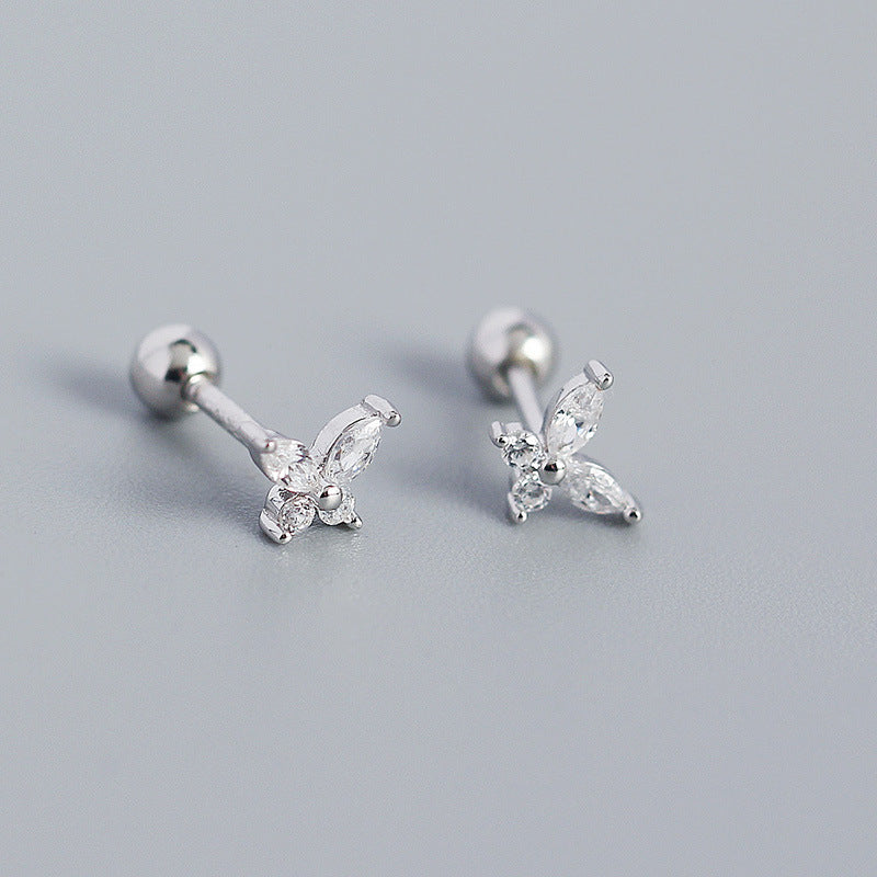 S925 Sterling Silver Butterfly Zircon Screw Back Stud Earrings