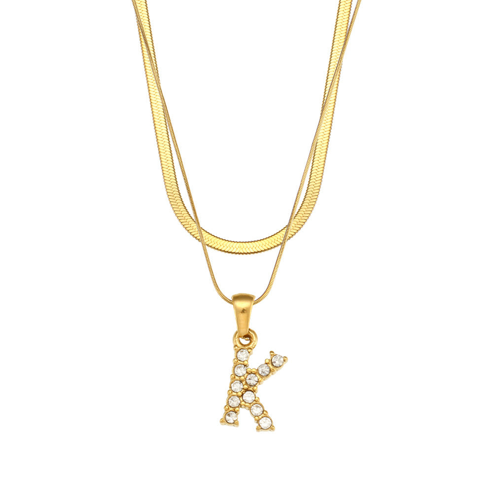 18K Gold Plated Double-Layer Zircon Letter Stainless Steel Necklace