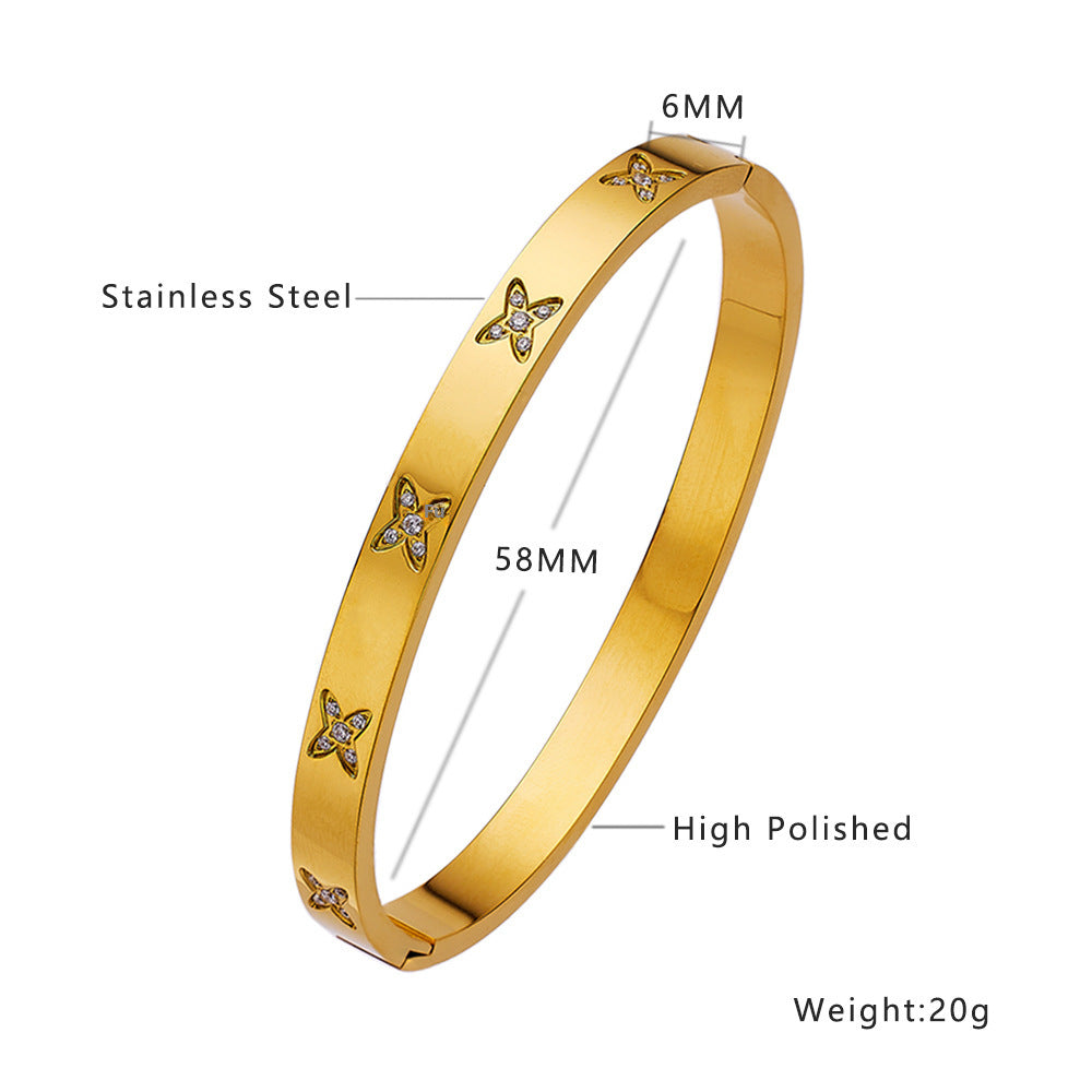 Simple Heart Shape Diamond Gold-Plated Titanium Steel Bangle Bracelet
