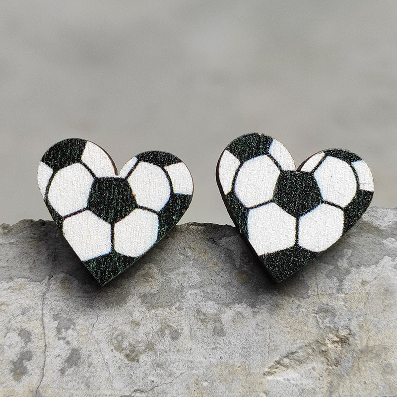 Original Design Sports Heart Shaped Wooden Stud Earrings for Women