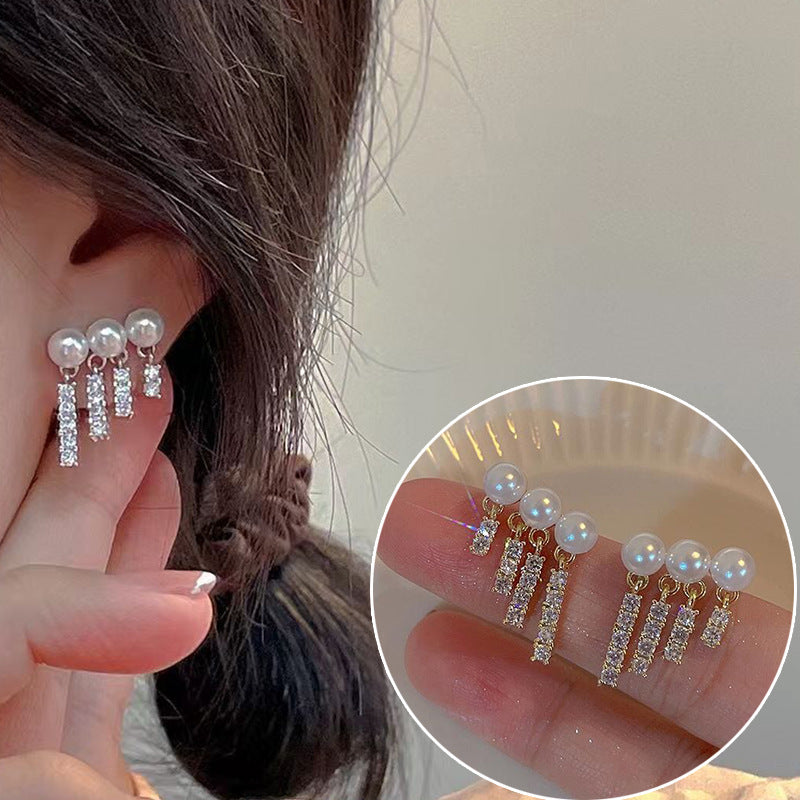 Elegant Geometric Rhinestone Pearl Drop Earrings