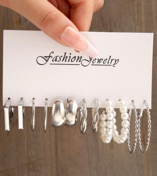 Geometric Heart & Checkerboard Pattern Earrings Set - 6 Pairs