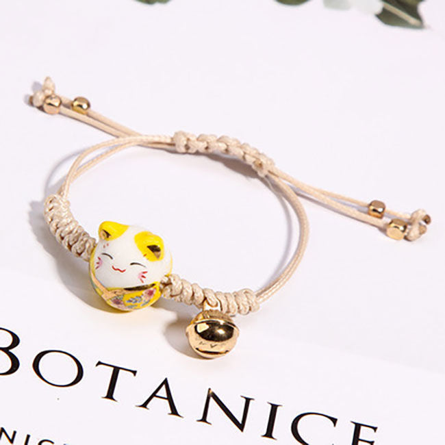 Korean Fashion Ceramic Lucky Cat Adjustable Weaving Bracelet for Women