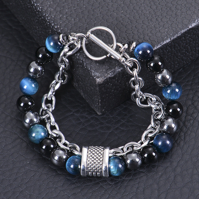 Geometric Natural Stone Lava Bead Stainless Steel Double Layer Bracelet