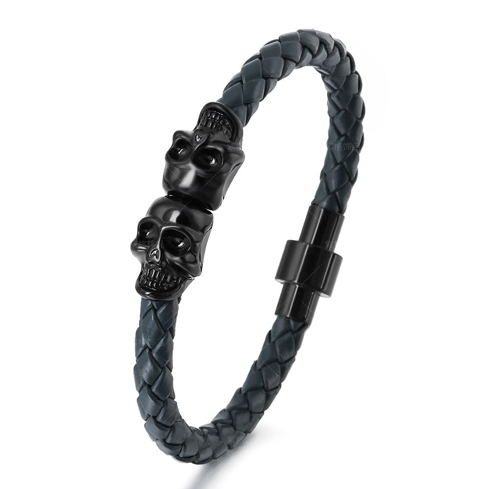 European American Cowhide Skull Magnetic Clasp Men's Bracelet