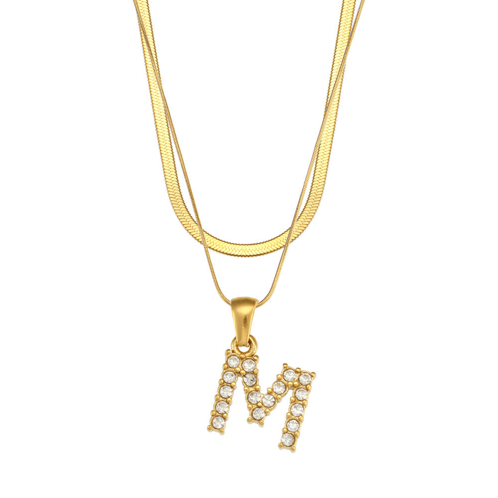 18K Gold Plated Double-Layer Zircon Letter Stainless Steel Necklace