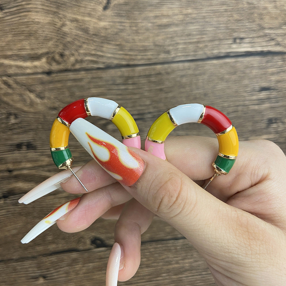 Colorful Heart & Bamboo Hoop Enamel Earrings 2023