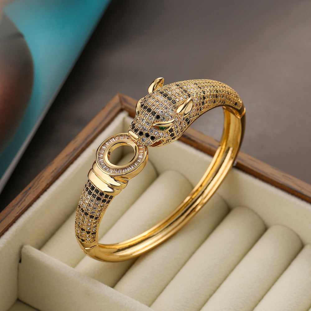 Hip-Hop Leopard Zircon 18K Gold Plated Bangle Bracelet