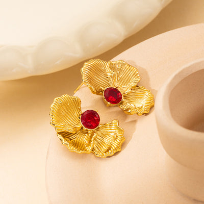 1 Pair Modern Classic Flower Design Green Stone Gold Plated Stainless Steel Stud Earrings