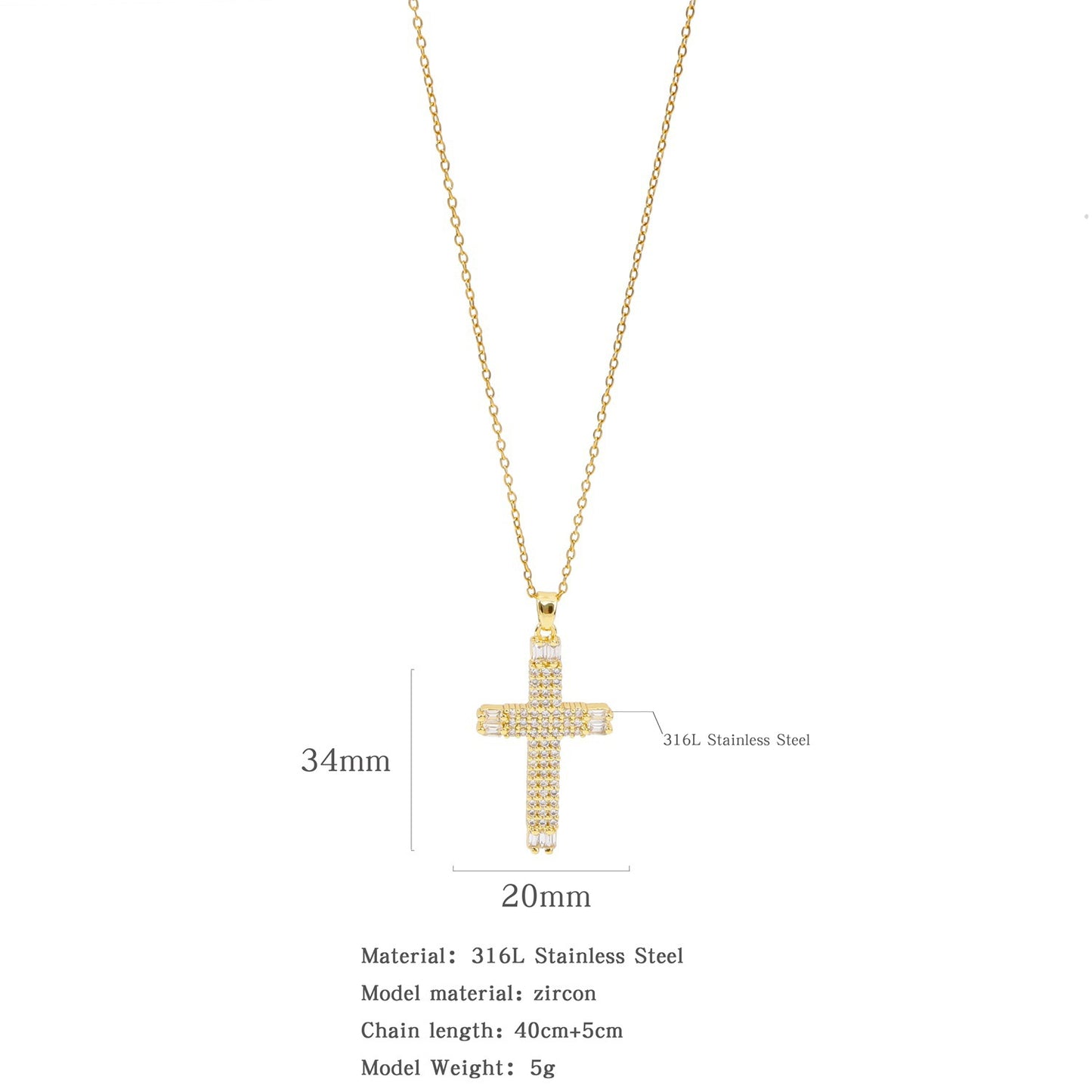 Glam Zircon Cross Pendant Necklace for Women in Copper Plated Stainless Steel