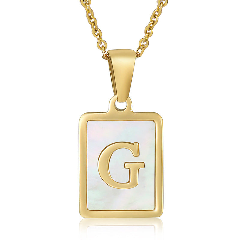 Stainless Steel Alphabet Pendant Necklace with Inlay Shell and 18K Gold Plating