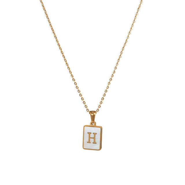 Unisex 18k Gold Plated Stainless Steel Letter Pendant Necklace with White Shell Accents