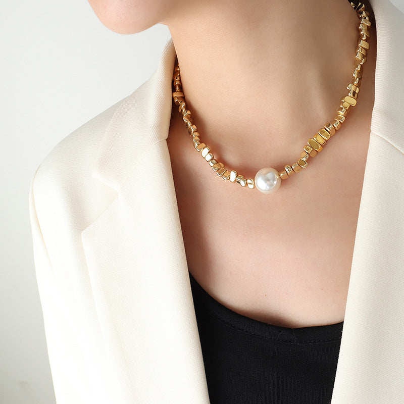 Elegant Geometric Titanium Steel Necklace with Artificial Pearl and Irregular Stone Pendant