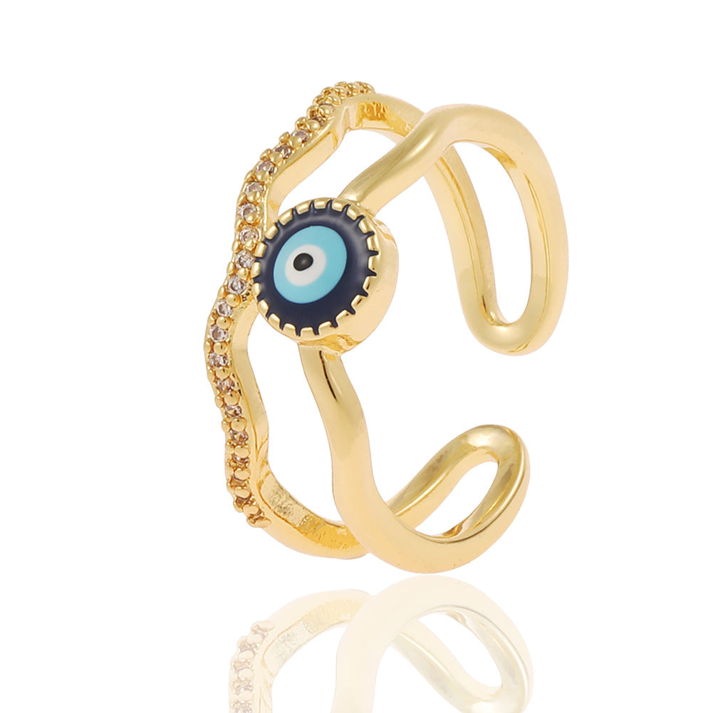 Fashion Geometric Devil's Eye Star Open Ring with Rhinestone Plated Zircon Copper