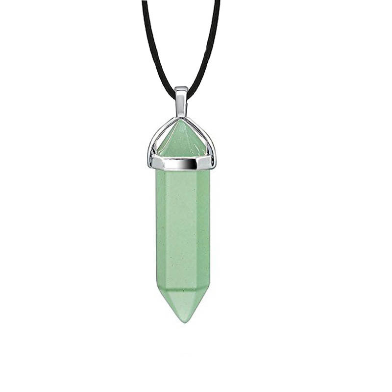 Hexagon Prism Natural Stone Leather Rope Necklace with Quartz Point Pendant