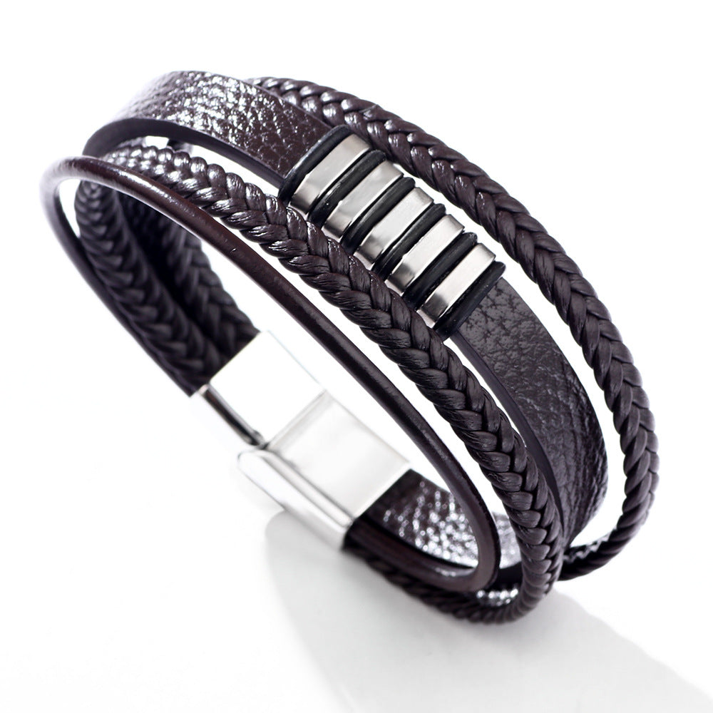 Wholesale Hip-Hop Oval Stainless Steel Leather Multi-Layer Magnetic Clasp Bracelet