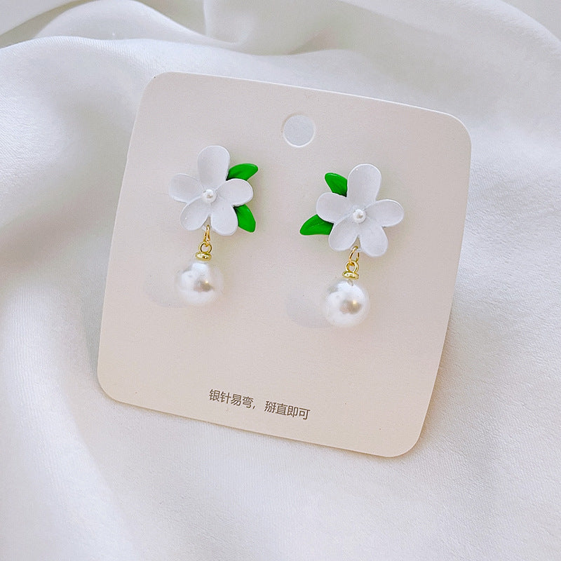 Fairy Leaf Flower Opal Zircon Earrings with Imitation Pearl and Green Tulip Tassel Design