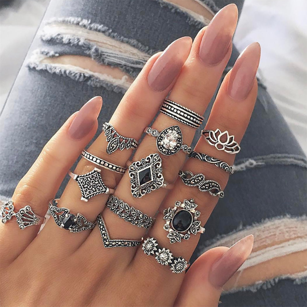 Bohemian Hip-Hop Geometric Water Droplet Moonstone Ring Set - 56 Pieces