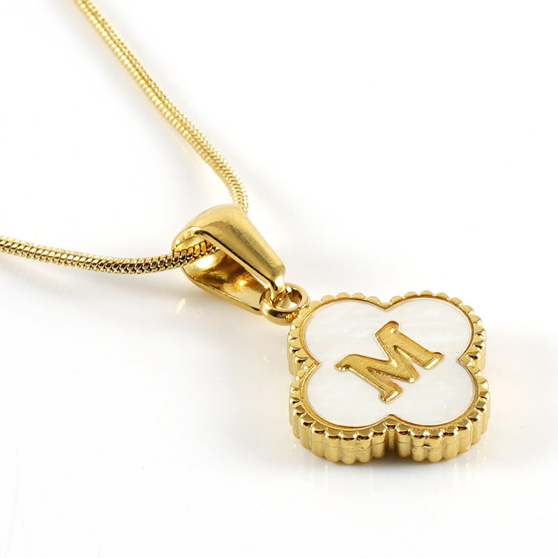 Clover Shell Letter Pendant Gold Plated Stainless Steel Snake Chain Necklace