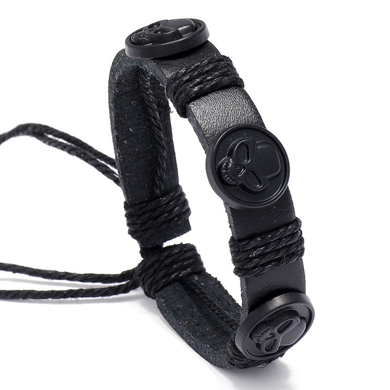 Black Skull Leather Bracelet for Men - Vintage Style Fashion Jewelry