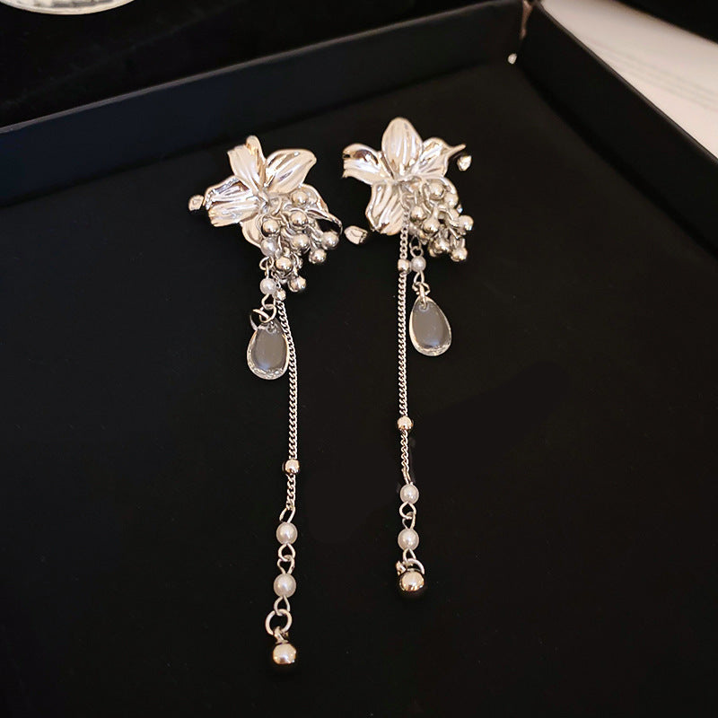 Retro Floral Water Droplet Pearl Crystal Opal Drop Earrings