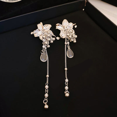 Retro Floral Water Droplet Pearl Crystal Opal Drop Earrings